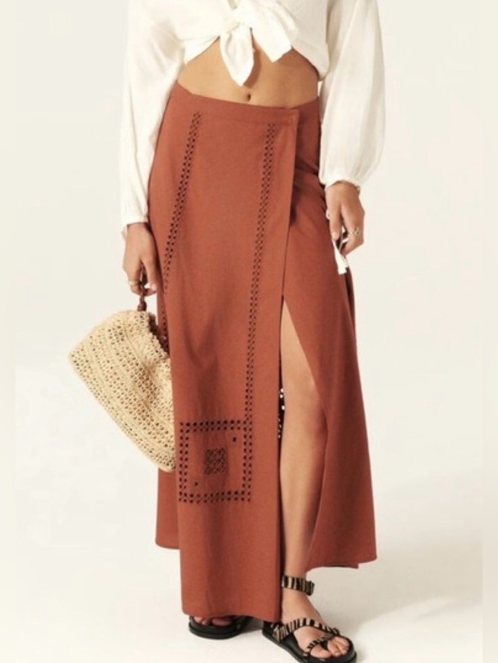 ba&sh lermaid embroidered maxi skirt rust size 6